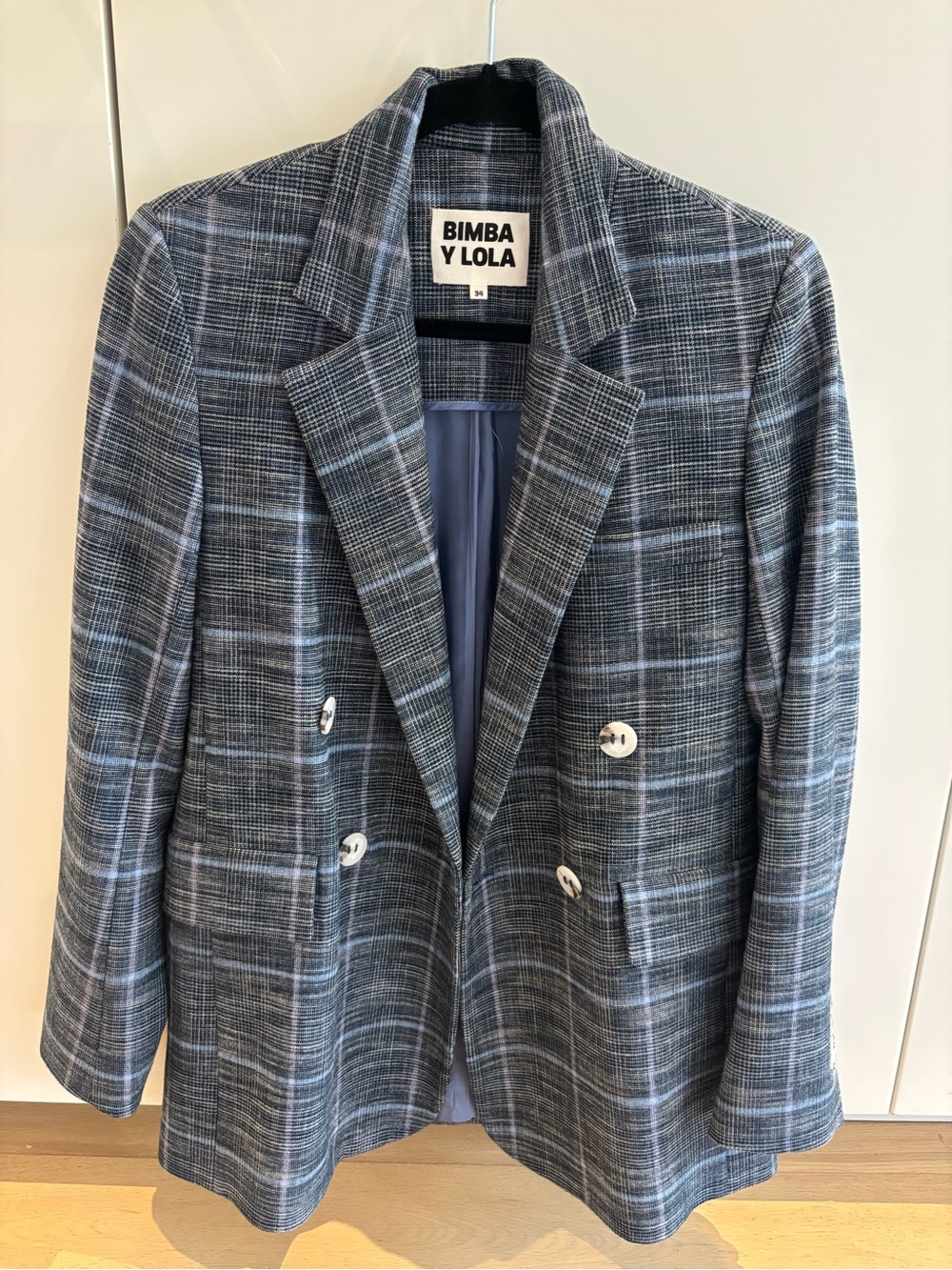 Like New Bimba Y Lola Blue Plaid Double-Breasted Blazer